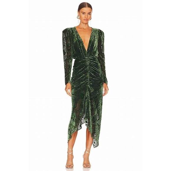 Ronny Kobo Astrid Green Animal Print Velvet Ruched Long Sleeve Midi Dress XS - Picture 1 of 14